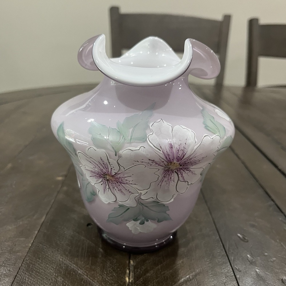 Fenton Glass 2001 Museum Collection 7" Violet Purple Overlay Hand Painted‎ Vase
